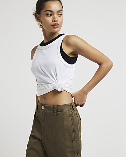 Petite khaki zip cuffed cargo trousers