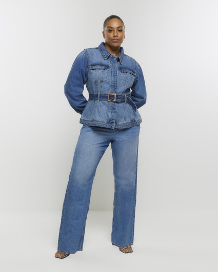 Plus blue belted denim jacket