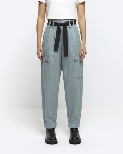 Blue belted paperbag cargo trousers