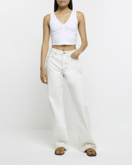 White ruched front crop top