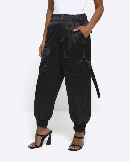 Petite black satin cuffed cargo trousers