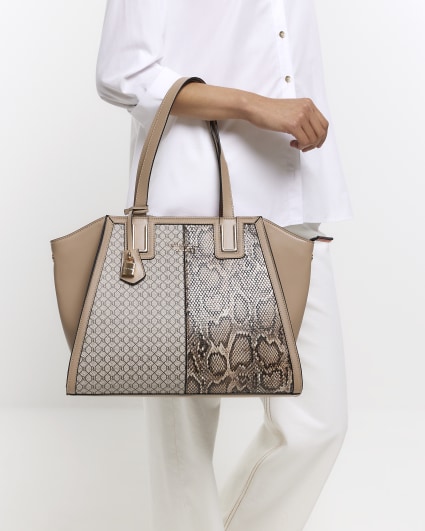 Beige snake print charm tote bag