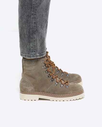 Khaki leather hiker boots