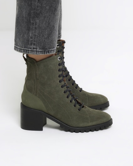 Khaki suede block heeled boots