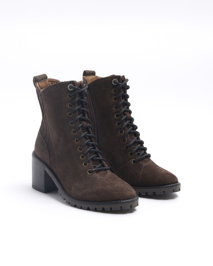 Brown suede lace up heeled ankle boots