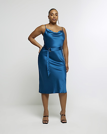 Plus blue satin tie waist slip midi dress