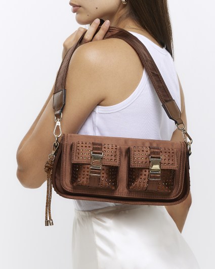 Brown satin diamante utility shoulder bag