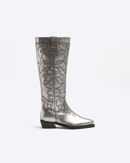 Silver leather western boots