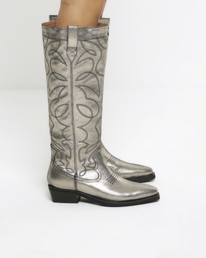 Silver leather western boots