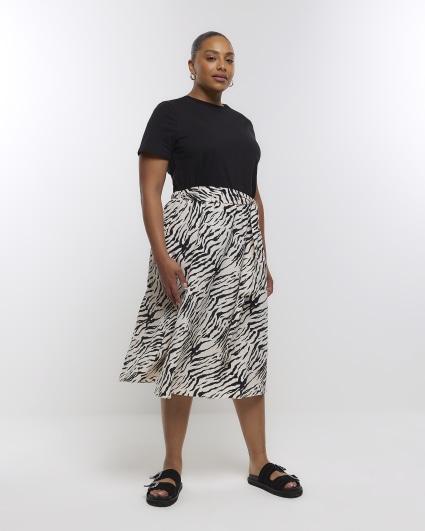 Plus black animal print t-shirt midi dress