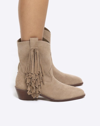 Stone suede fringe detail western boots