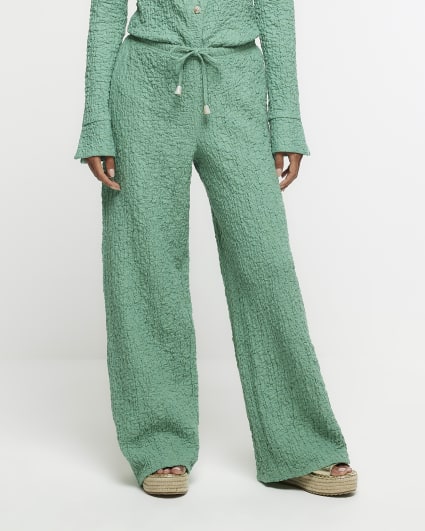 Petite green textured wide leg trousers