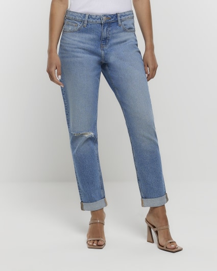 Blue mid rise relaxed straight jeans