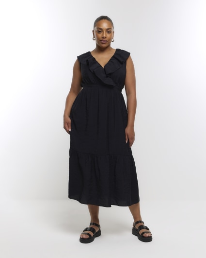 Plus black frill sleeveless maxi dress