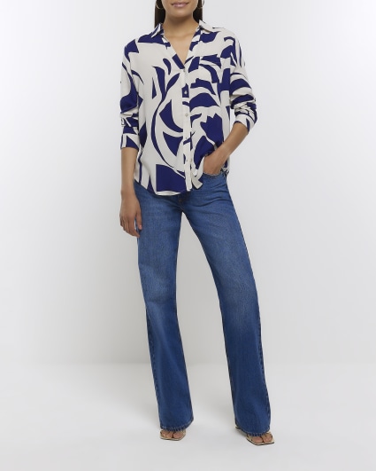 Blue abstract print open neck shirt