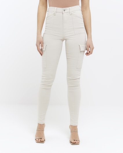 Beige high waisted skinny cargo jeans