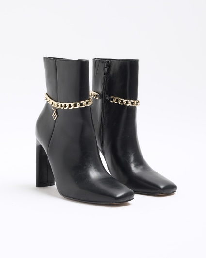 Black chain detail heeled ankle boots