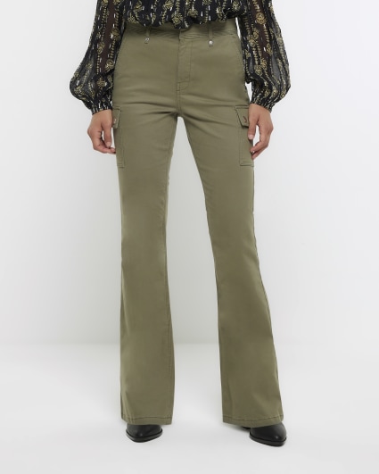 Khaki flared cargo trousers