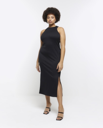 Plus black racer neck bodycon midi dress