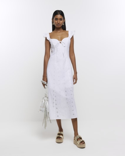 White embroidered frill bodycon midi dress