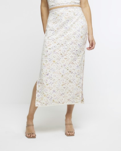 Cream floral print lace pencil skirt