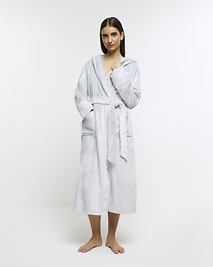 Grey fluffy hooded dressing gown