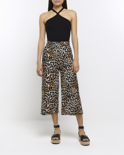 Beige leopard print wide leg trousers