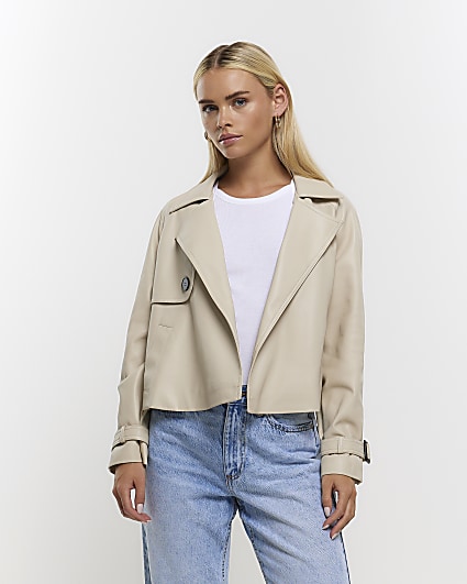 Petite cream faux leather crop trench coat