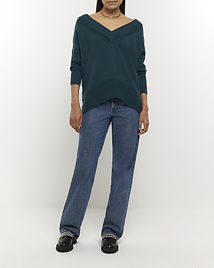 Green rib V neck jumper