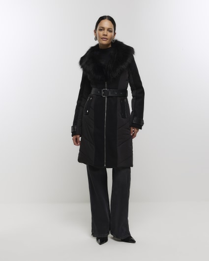 River Island Longline Padded Jacket With Faux-fur Hood in Black