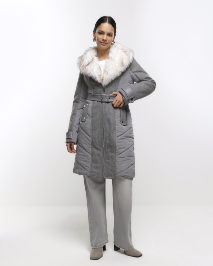 Belted Faux Fur Trim Puffer Jacket Taupe