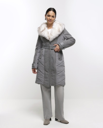 Belted Faux Fur Trim Puffer Jacket - Taupe