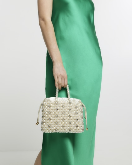 Cream pearl embellished handbag