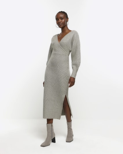 Grey knit wrap jumper midi dress