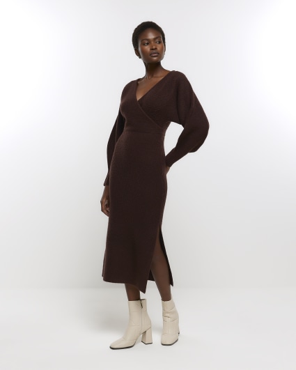 Brown midi cheap dress with sleeves