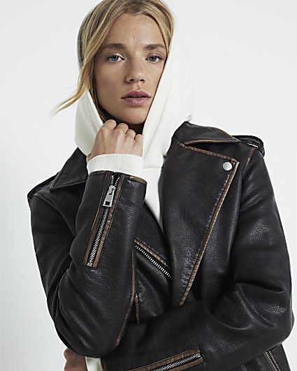 Brown faux leather oversized biker jacket