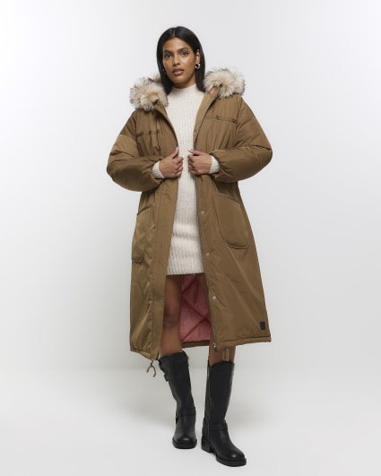 Khaki hooded longline parka coat