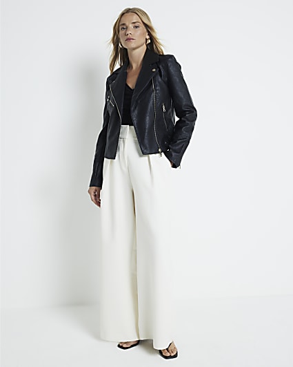 Topshop Tall long sleeve belted faux leather shirt in black