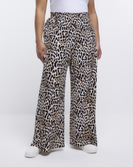 Plus beige leopard print flare trousers