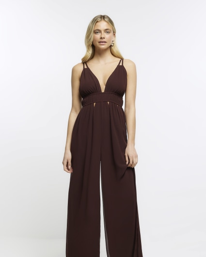 Brown Plunge Cut Out Jumpsuit