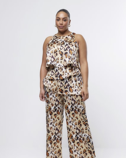Plus beige leopard print layered jumpsuit