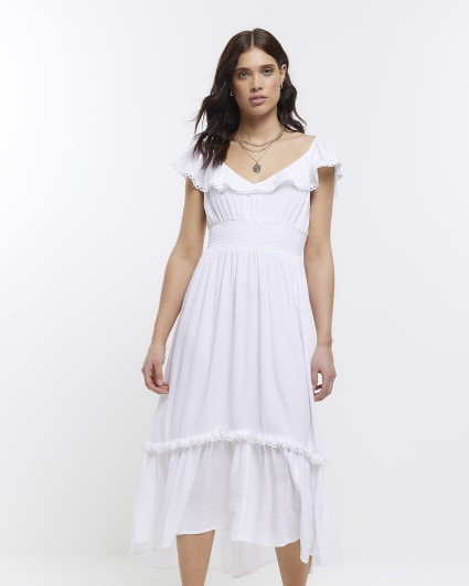 White bardot ruffle midi dress