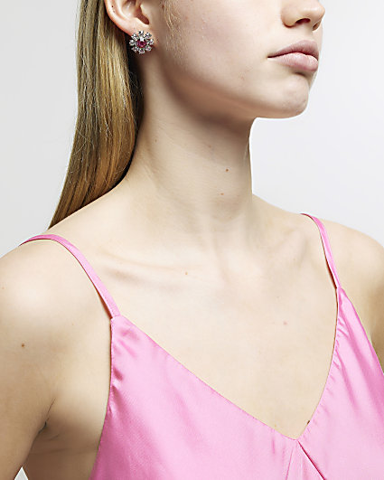 Pink diamante flower stud earrings