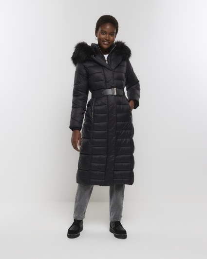 Black belted padded longline coat