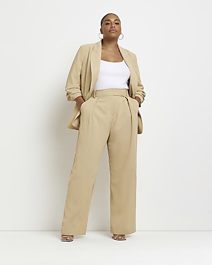 Plus Beige Pleat Wide Leg Trouser