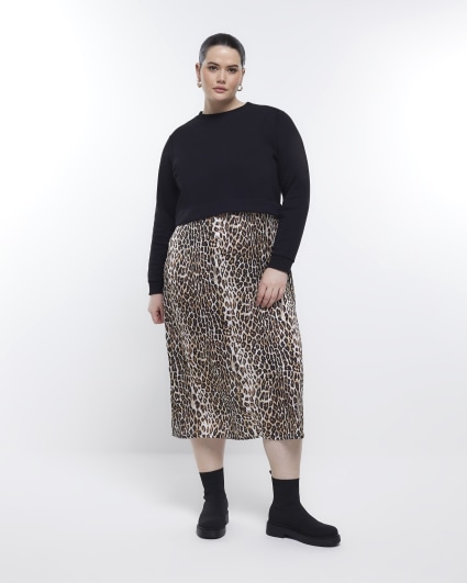 Plus black leopard sweatshirt midi dress
