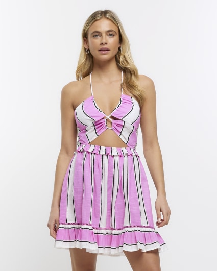 Pink Stripe Halter Neck Mini Dress