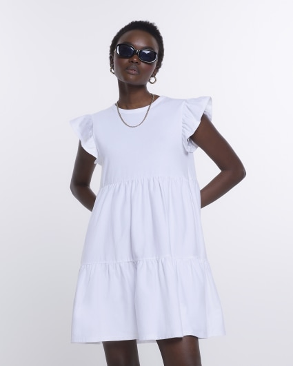 White frill sleeve tiered t-shirt mini dress