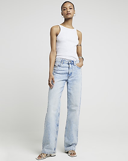 Blue high waisted relaxed straight leg jeans