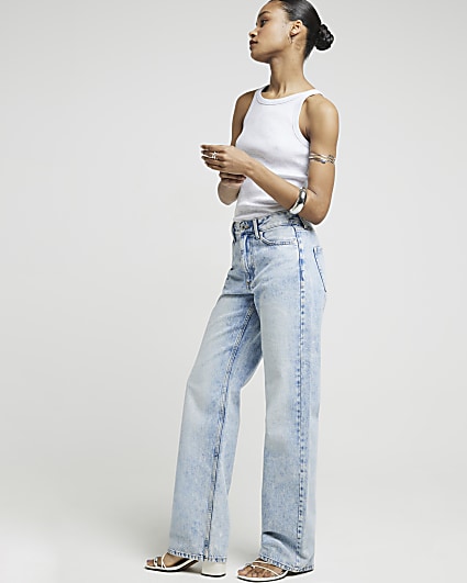 Blue high waisted relaxed straight leg jeans